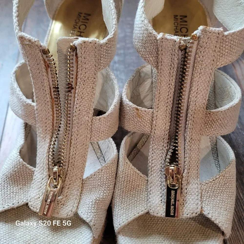 Michael Kors Wedge Sandals – Neutral Linen Fabric 7.5 SB9